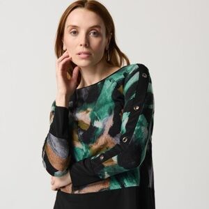 Joseph Ribkoff Abstract Print Sweater Boat Neck Metal Details Long Sleeves
